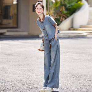 新中式牛仔时尚套装女2025夏季爆款小个子复古显瘦休闲国风两件套图片