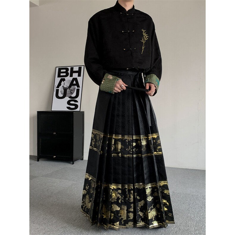 春装新中式原创织金马面裙男女2025新款黑色新中式轻风通勤明制,男装休闲裤,星座909