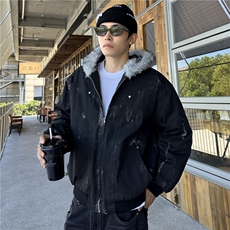 美式座山雕扎染纯色毛毛连帽拉链棉服加厚宽松外套m1668-p98，男装棉衣，电商C307