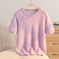 2025年秋季时尚百搭绣花圆领元宝针短袖，女装羊绒衫，盛世绒华