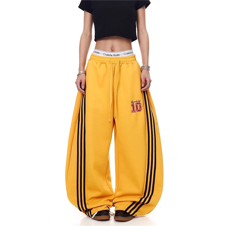 美式复古三条杠条纹撞色阔腿弯刀裤子女2025春设计感宽松运动卫裤，男装休闲裤，星座813-3