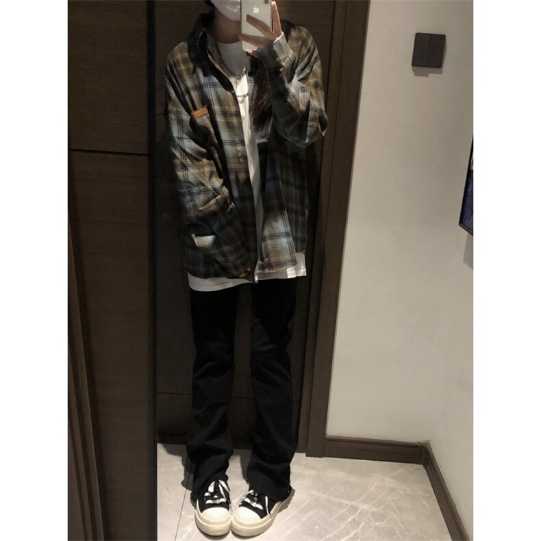 【有货】蓝棕色格子衬衫男设计感高级衬衣美式复古外套C40LL-P43,男装衬衫,星座1007（原301D）