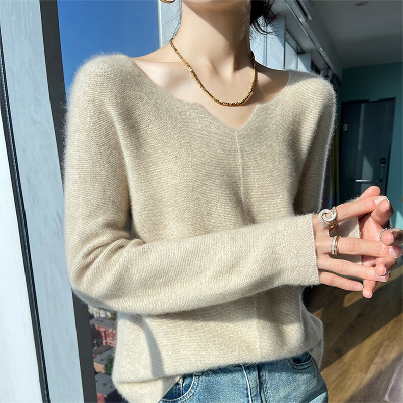 秋冬新款纯色V领衫女套头提花毛衣100羊毛针织减龄百搭打底衫,女装羊毛衫,魅途羊绒