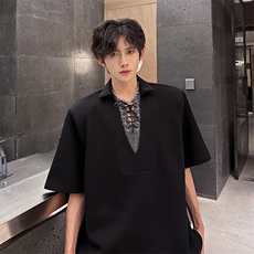 现货复古系带V领假两件简约短袖T恤潮流百搭上衣A071-T71-P48，男装T恤，电商A071
