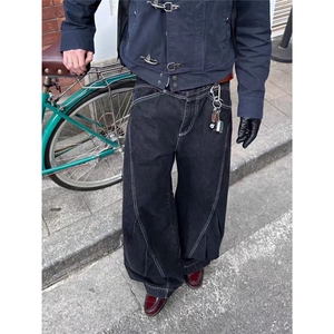美式复古解构拼接弯刀牛仔裤男宽松阔腿分割镰刀设计垂感裤子图片