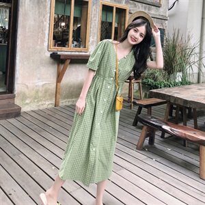 爆款现货！20夏牛油果绿高腰显瘦格子连衣裙 229-8113-P75-K128,女装连衣裙,浙宝229
