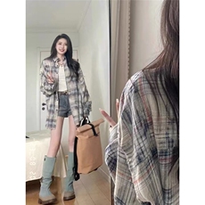 格子衬衫女款春秋设计感高级中长款遮女士衬衣2025新款外套潮，男装衬衫，星座506A