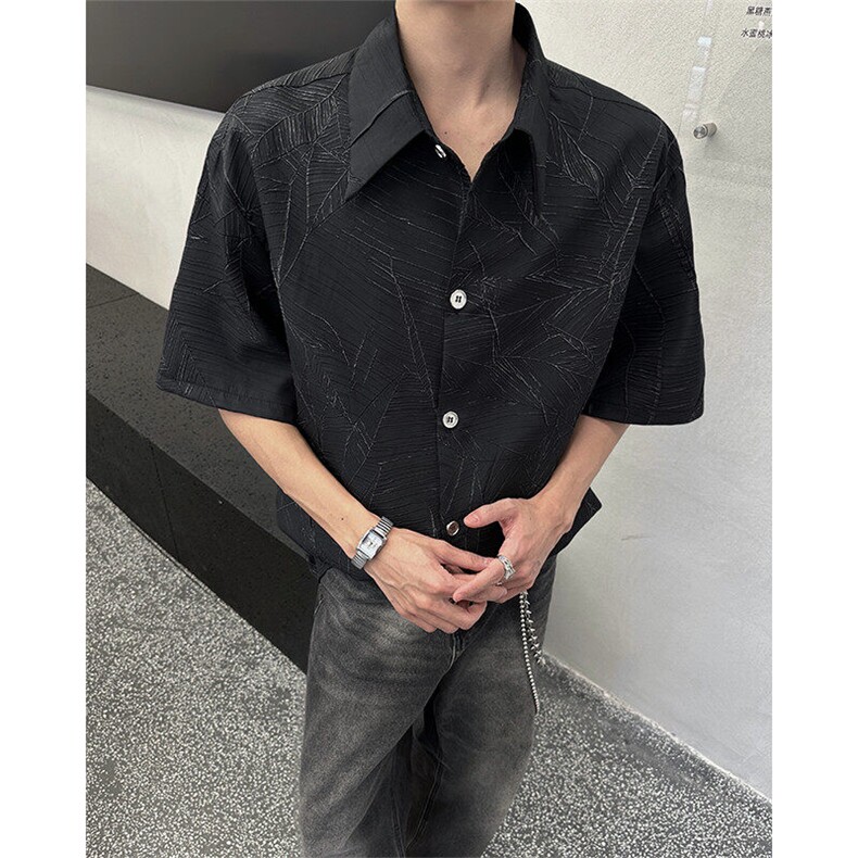 夏季新款短袖衬衫小众解构肌理感黑色裂纹韩版花衬衫打底T恤P50,男装T恤,电商B319