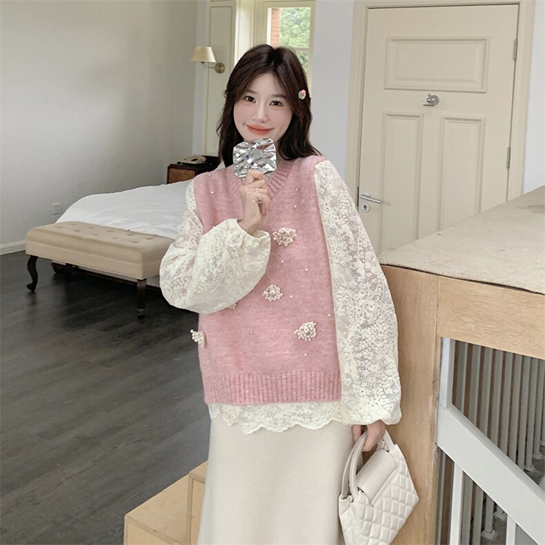 韩系甜美蕾丝上衣女2025早春新款针织马甲镂空打底衫潮,女装马甲,维壹