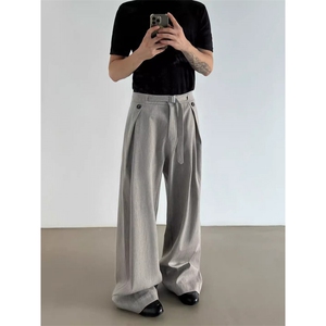 美式覆古老钱亚麻褶皱直筒西裤男女街头宽松休闲阔腿裤K6676-P57图片