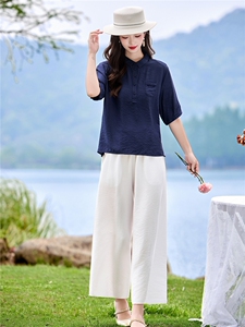 时尚洋气优雅套装女2026夏季新款复古气质衬衫宽松阔腿裤两件套图片