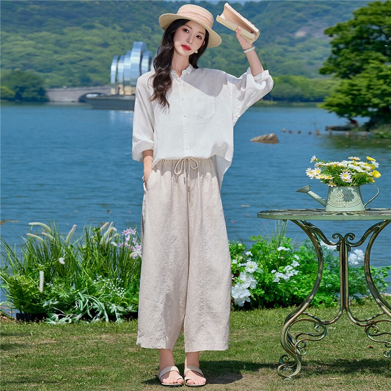 棉麻长袖套装女2026年夏季新款吸汗透气亮色翻领上衣直筒气球裤,女装套装/套裙,梦懿尔
