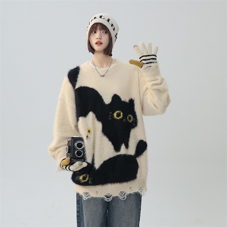 美式复古学院风猫猫趣味针织衫情侣毛衣XZ225-3-MY809-P80控98,男装针织衫/毛衣,星座225-3