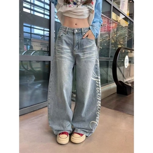 小个子新款美式水洗复古口袋弯刀牛仔裤刺绣秋季宽松显瘦阔拖地图片