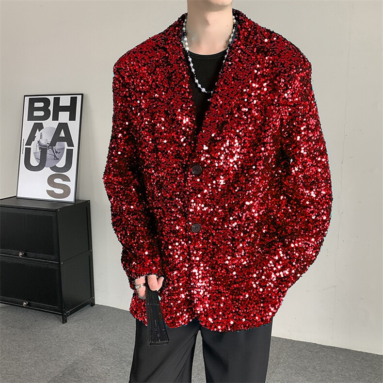 春秋闪闪亮珠片红色亮面晚会年会舞台装男演出服西装夜店歌手外套,男装西服,星座909