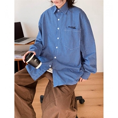 美式慵懒宽松格子长袖衬衫男2025新款休闲刺绣衬衣潮CY1036-P32，男装衬衫，星座412-2