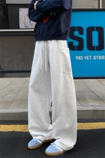 拼接工装裤子男春秋季美式重磅阔腿卫裤纯色潮牌宽松直筒休闲长裤，男装休闲裤，电商A001-1