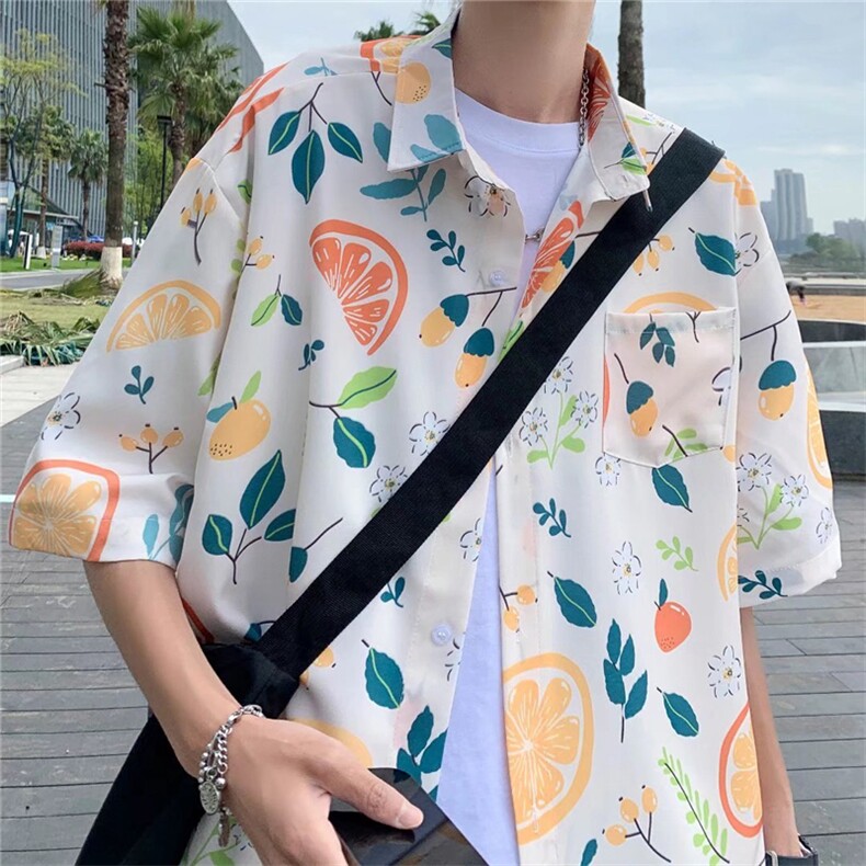 现货夏季宽松情侣印花衬衫日系复古chic百搭碎花衬衣W3094-P26,男装衬衫,星座512-2