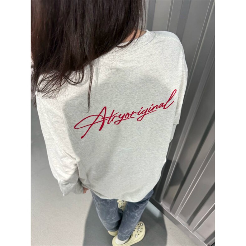 网图现货260G草写字体印花圆领长袖T恤美式春秋男女体恤CT650-P35图片
