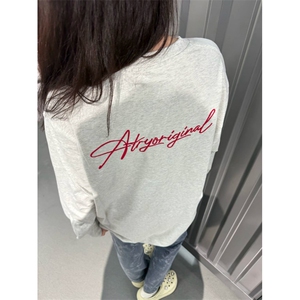 网图现货260G草写字体印花圆领长袖T恤美式春秋男女体恤CT650-P35图片