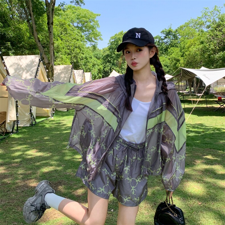 2026夏新款轻薄连帽印花防晒衣服外套装女两件套182A8658P145K218,女装防晒衣,浙宝182A
