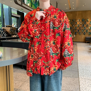 C88东北大花假两件长袖衬衫盘扣新中式汉服表演出团队男女大码潮图片