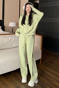 女秋季小清新时尚气质套装抽绳连帽卫衣阔腿卫裤两件套休闲运动潮图片
