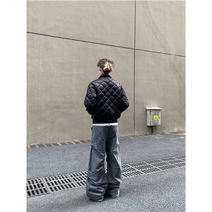 刺绣珍珠黑色菱格棉服夹克男美式复古街头休闲加厚保暖外套MY9333图片