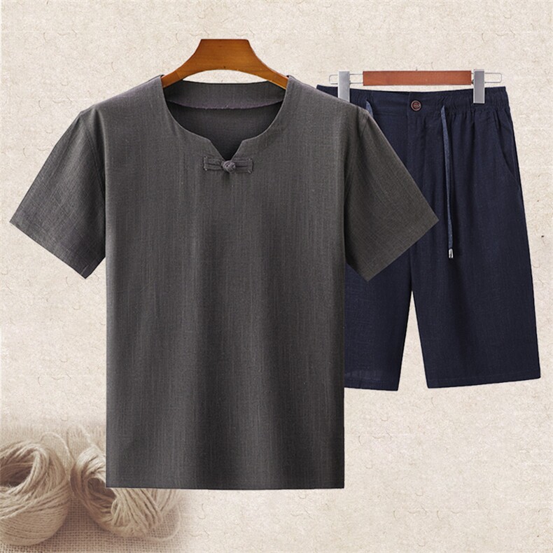 主推大货男高品质中老年风亚麻套装短袖T恤棉麻短裤套装，男装牛仔裤，钱塘723