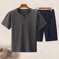 主推大货男高品质中老年风亚麻套装短袖T恤棉麻短裤套装，男装牛仔裤，钱塘723
