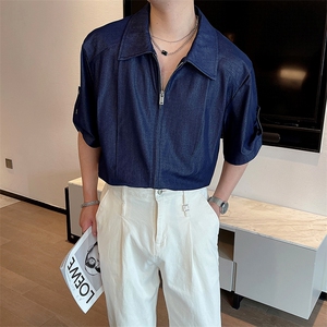 夏季新款垂感天丝牛仔短袖衬衫男宽松痞帅拉链半袖衬衣CS872-P68图片