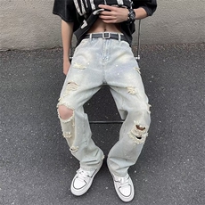 牛仔裤男夏季薄款美式高街vibe风破洞宽松直筒休闲裤N013-P45，男装牛仔裤，星座308B-1