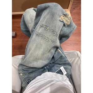 NZK841LL-P45 美式复古水洗破洞牛仔裤男宽松直筒图片