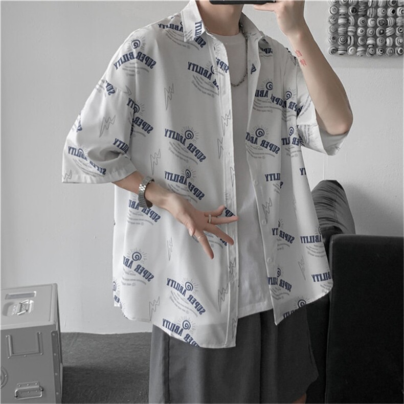 新款满印衬衫男士短袖港风慵懒衬衣宽松小众衬衫外套W822-P32,男装衬衫,星座512-3