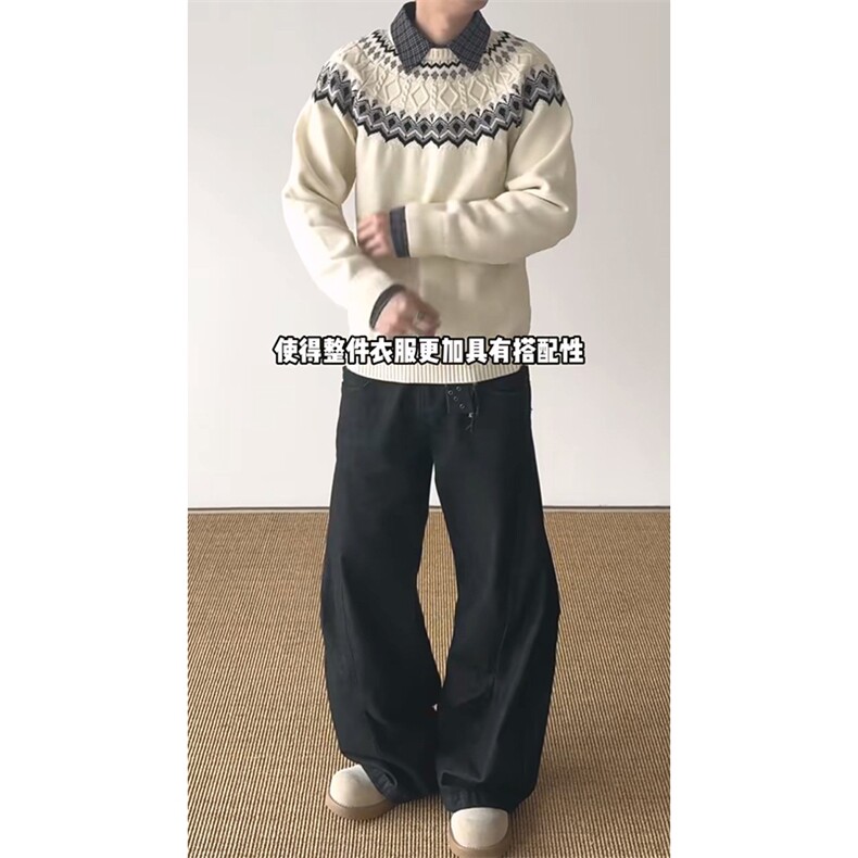 重磅秋冬装北极绒套头毛衣美式复古休闲慵懒风提花工艺针织衫外套,男装针织衫/毛衣,电商A486