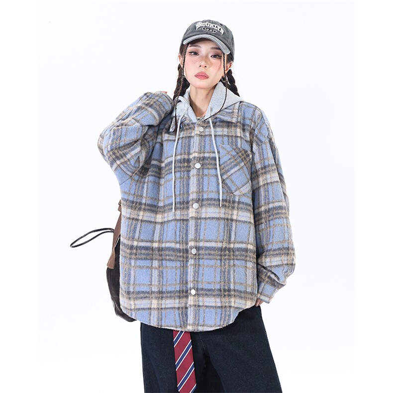 潮宽松连帽格子假两件情侣长袖外套XZ402-2-P78控98-JK2508大货足,女装短外套,星座402-2
