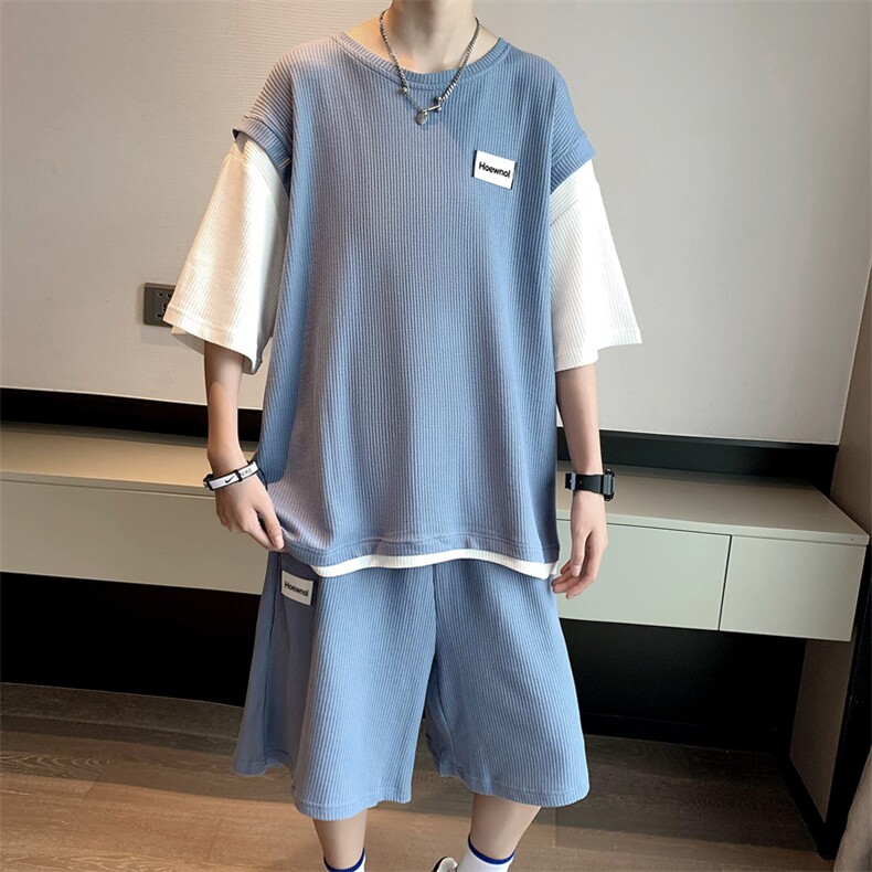假两件短袖T恤套装男潮牌宽松港风夏纯棉华夫格短裤学生T651-P45,男装T恤,星座512-2
