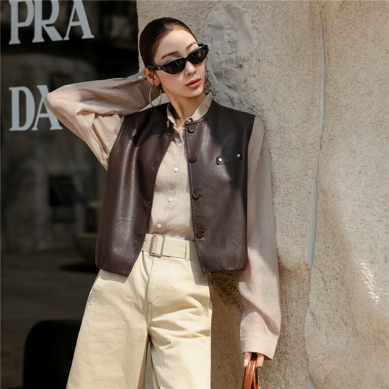 【春季女装新款】大量现货时尚百搭短款皮衣马甲外套，女装皮衣，缘衣格