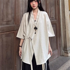 夏季山本耀司风汉服上衣女新中式绑带短袖衬衫外套中性阔腿裤裙，男装T恤，星座506A