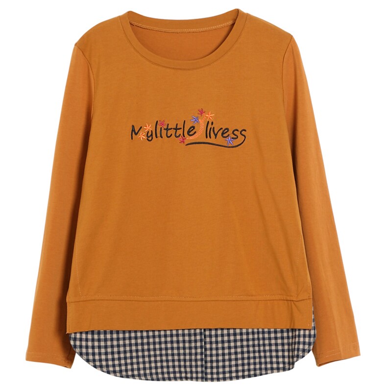 圆领拼接格子直筒长袖2021年秋季T恤创意套头时尚，女装T恤，丽影随形