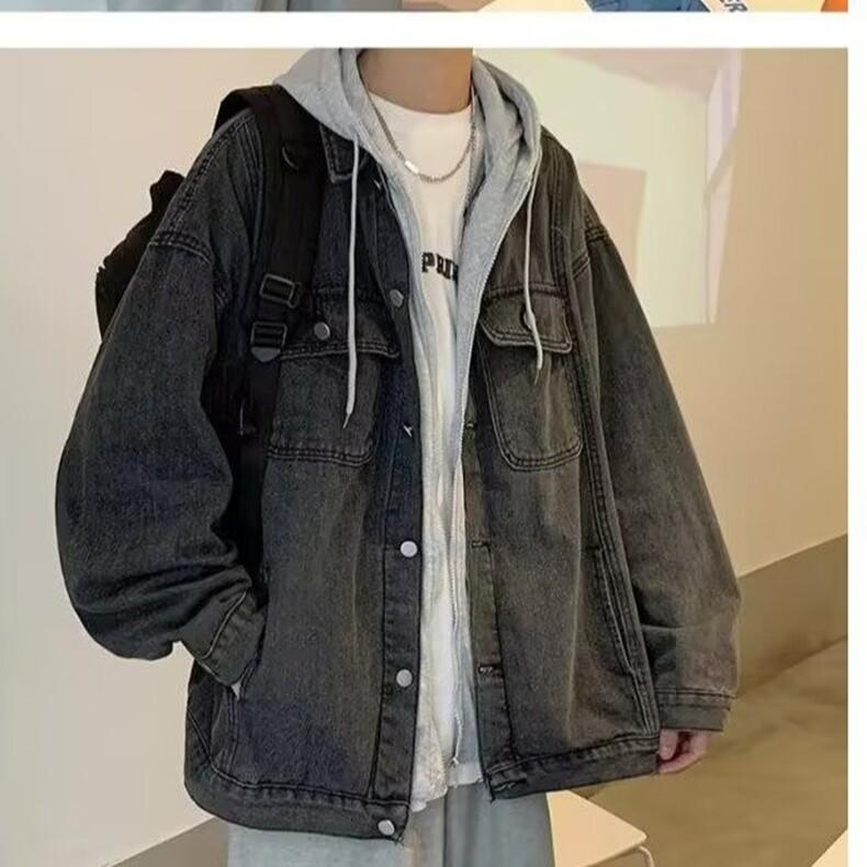 牛仔外套男款春秋款高级感男装日系复古男生长袖衬衫内搭叠穿衬衣,男装工装外套,星座218-8