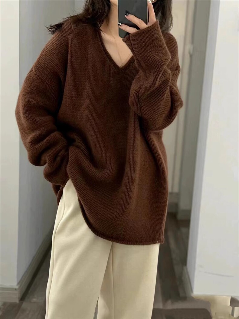 重磅加厚毛衣女秋冬新款粉色V领落肩宽松慵懒羊毛针织衫,女装羊毛衫,佑昭祥羊绒