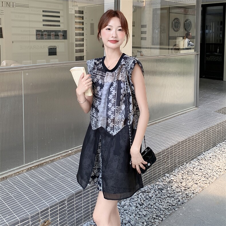 复古印花网纱拼接无袖上衣两件套女夏新款时尚洋气休闲短裤套装,女装套装/套裙,2C255