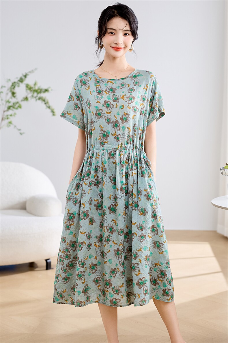 连衣裙2024新款女夏季气质直筒大码小个子高贵棉麻风妈妈高端裙子,女装连衣裙,木橙西子