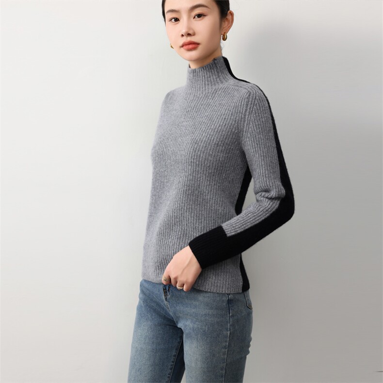 时尚女士欧美风拼色羊毛衫高领修身显瘦羊毛毛衣,女装羊毛衫,鲁菏羊绒
