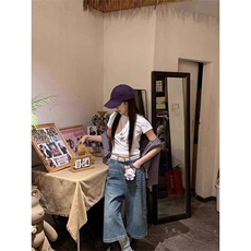 复古高街水洗牛仔裤子女夏季高腰直筒阔腿七分裤中裤-网图，男装牛仔裤，星座302B-2