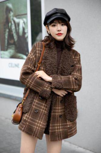 小清新风格连衣裙，休闲呢料大衣，皮毛一体，女装连衣裙，靓紫星