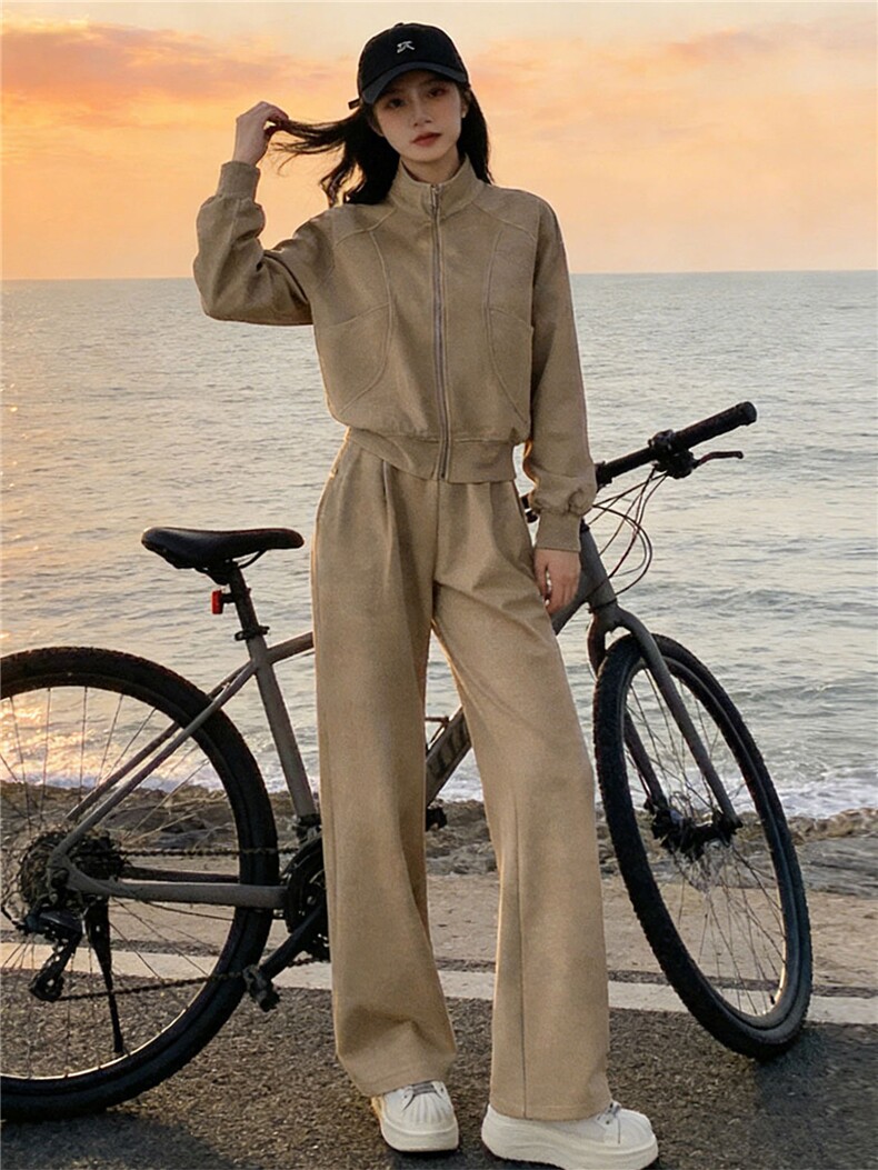 春季新款港风时尚套装女修身显瘦拉链开衫外套阔腿休闲裤两件套潮,女装套装/套裙,江南