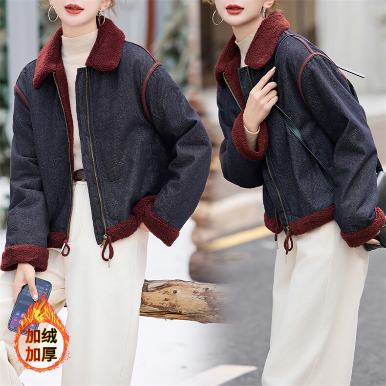 时尚拼接翻领加绒牛仔短外套女2024冬季新款小个子休闲仿羊羔毛棉服，女装羊羔毛/颗粒绒，潮流依族