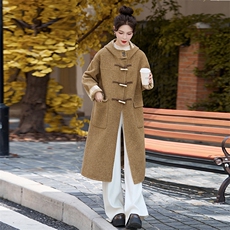 格纹拼接双面呢羊绒大衣女中长款2025秋冬连帽牛角扣减龄毛呢外套，女装双面呢大衣，采品优优